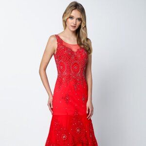 NEW LONG SLEEVELESS POLYESTER DRESS EMBROIDERED WITH LACE & RHINESTONES JT 654